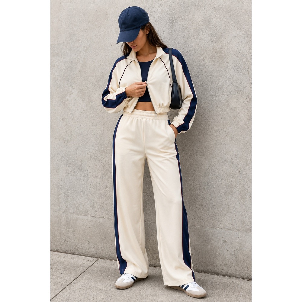 Love Poem Cream Navy Red Track Suit Set Small Zip Jacket Wide Leg Pants Y2K